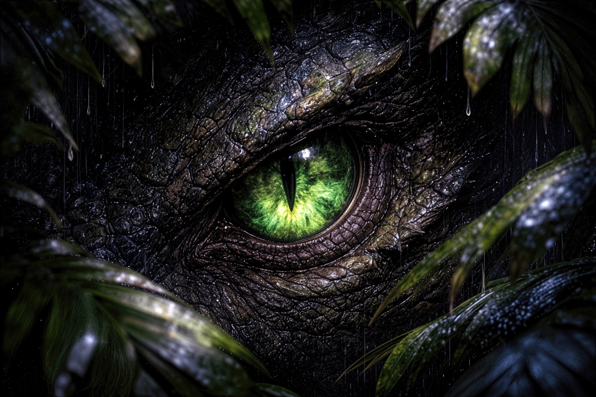 A green dragon's eye gleams from the darkness
