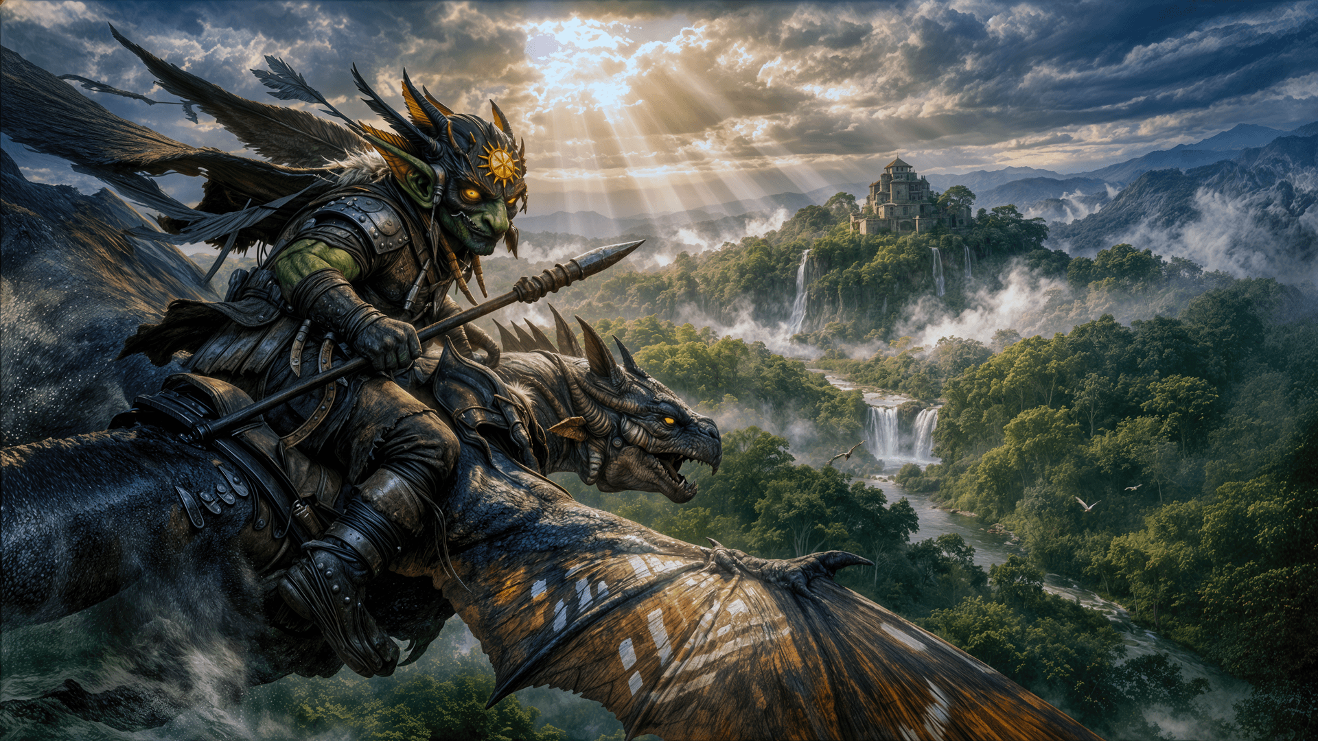 Skullcap goblin wyvern riders patrol the canopy