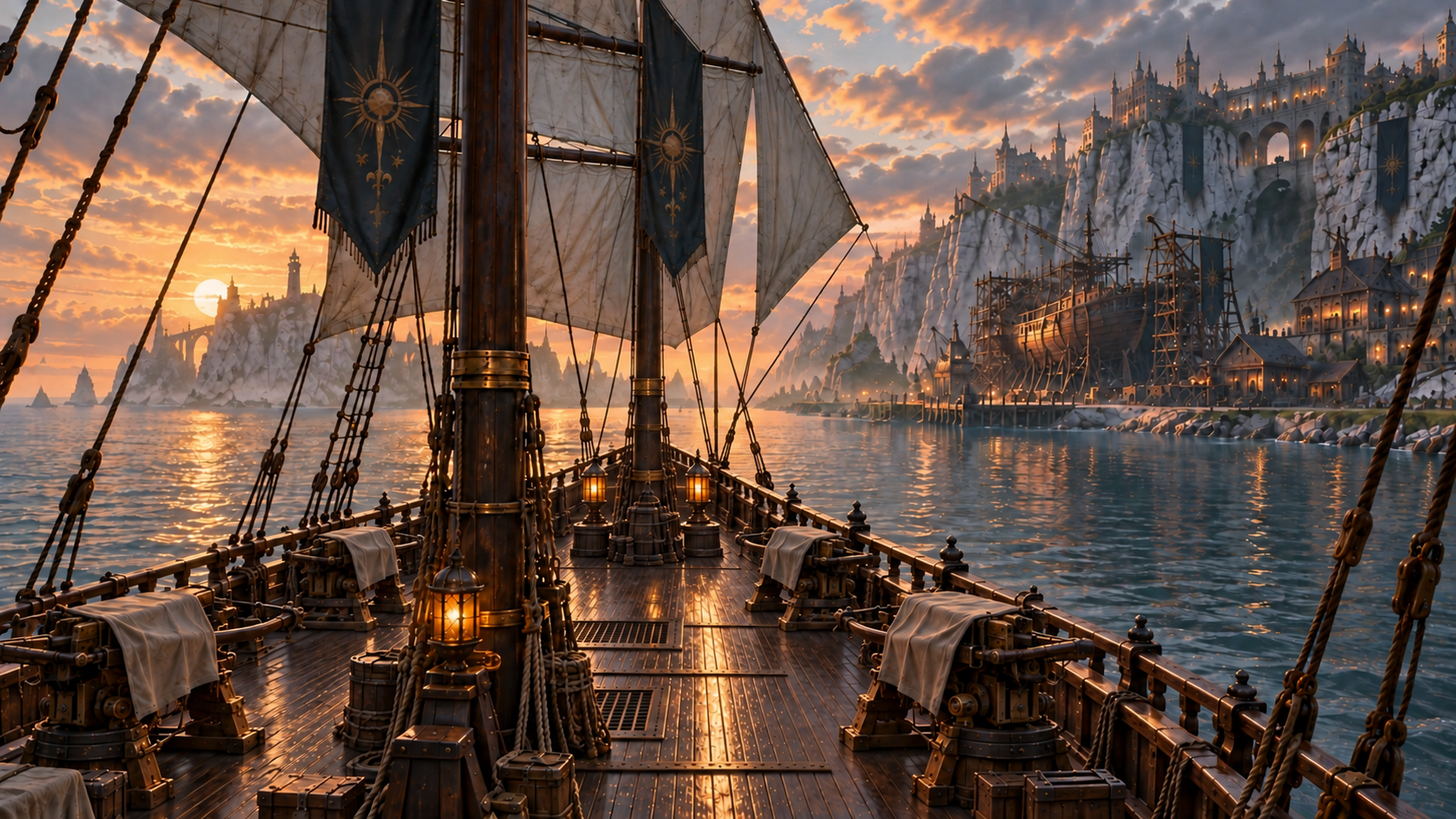 The Sea Hawk's deck and sails against the illuminated coast